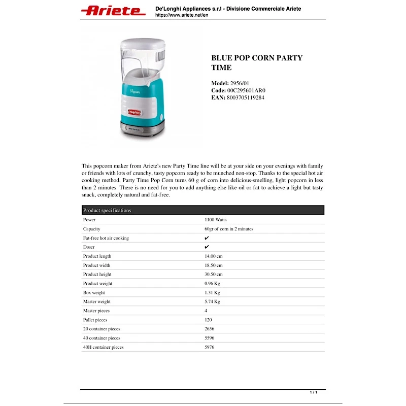پاپ کورن ساز آریته مدل Ariete2956